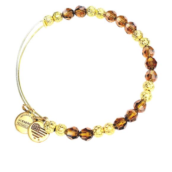 Alex and Ani Cowboy Boot Peace Sign Brown Glass Beaded Gold Tone Bangle Bracelet - Picture 6 of 8